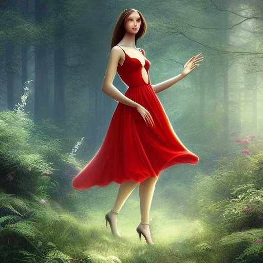 Girl with long red dress in a magic forest, surrealism