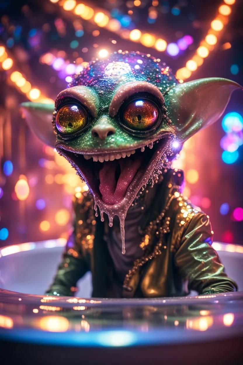 portrait through dirty warped lens of ultimate transcendent happy disco ball helmet wested pimp kobold gremlin alien frown with spotlights and huge dripping forked tounge sticking head out of a bathtub portal, in front of space portal dimensional glittering device, bokeh like f/0.8, tilt-shift lens 8k, high detail, smooth render, down-light, unreal engine, prize winning