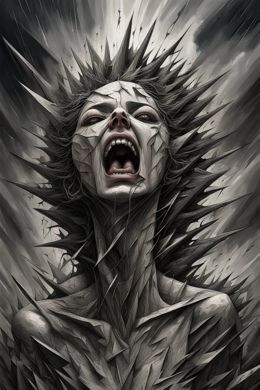 suffering woman creature roar, gray weird sky, storm, distopic, weird and surreal mood, highly detailed, dark sad, thriller atmosphere, sharp, metallic edges, around spikes, tall walls, , broken pieces, shattered face, cracks, everhere, hyperdetailed, greyscale, pale light, crepy stunning, drawing and ink , abstract shapes floating in dark space, metal lines, deep colors, dramatic shadows, dark mood