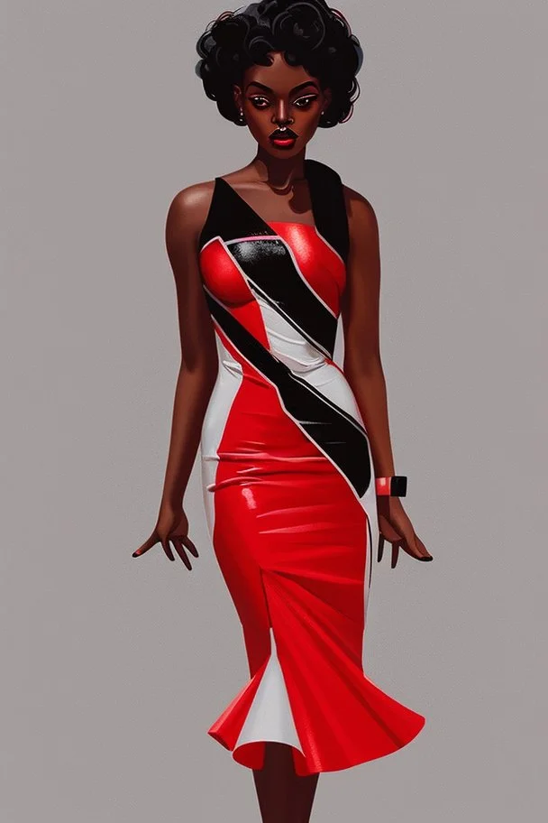 Portrait of a black woman wearing stylish red and silver dress.