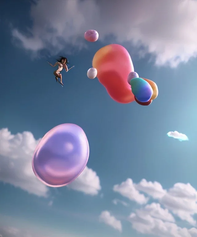 Ultra realistic speed clouds sky scene, wide angle view, sweet women falling down, inflatable color clothing, free jumping flying, many trinkets, hair monster, many jelly beans, balls, color smoke, smile, happy, circus style, extreme, wind, clouds sea, 20,000 feet altitude, stratosphere, soft color, highly detailed, unreal engine 5, ray tracing, RTX, lumen lighting, ultra detail, volumetric lighting, 3d, finely drawn, high definition, high resolution.