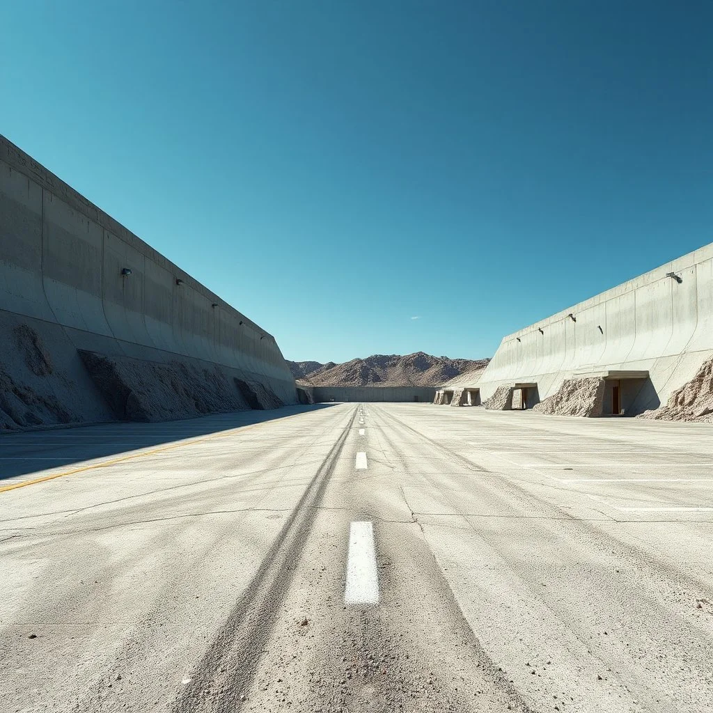 Photograph, wasteland, bright, limit of the world, Highway rest area with steep walls and empty spacious parking spaces, Truman show, brutalist concrete architecture, Bau zone, all'aria aperta, rocce, sky, brutalist, liquid, polvere, red spot, open air museum style, blue wire, apparecchi elettronici, powder, punto, minimalist, details of the dust very accentuated, deep 3d field