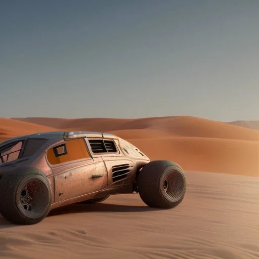 3d rendering. futuristic steampunk car. Buried in desert sand. Lost in Time