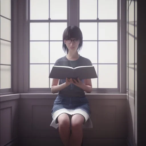 female student studying by the window, anime style, full body, cool face, unreal engine 5, cinema4d, sun light, studio lighting --ar 1:1 --v 4