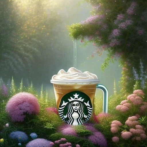 pixar style, volumetric summer garden environment and background, realistic painting of starbucks glass, looking excited, volumetric lighting, dramatic lighting, detailed digital painting, extreme dense and fine fur, anime, ornate, colour-washed colors, elegant, small minutiae, tiny features, particulars, centered, smooth, sharp focus, renderman gofur render, 8k, uhd, detailed eyes, realistic shaded volumetric lighting, sunlight caustics, backlight, centered camera view