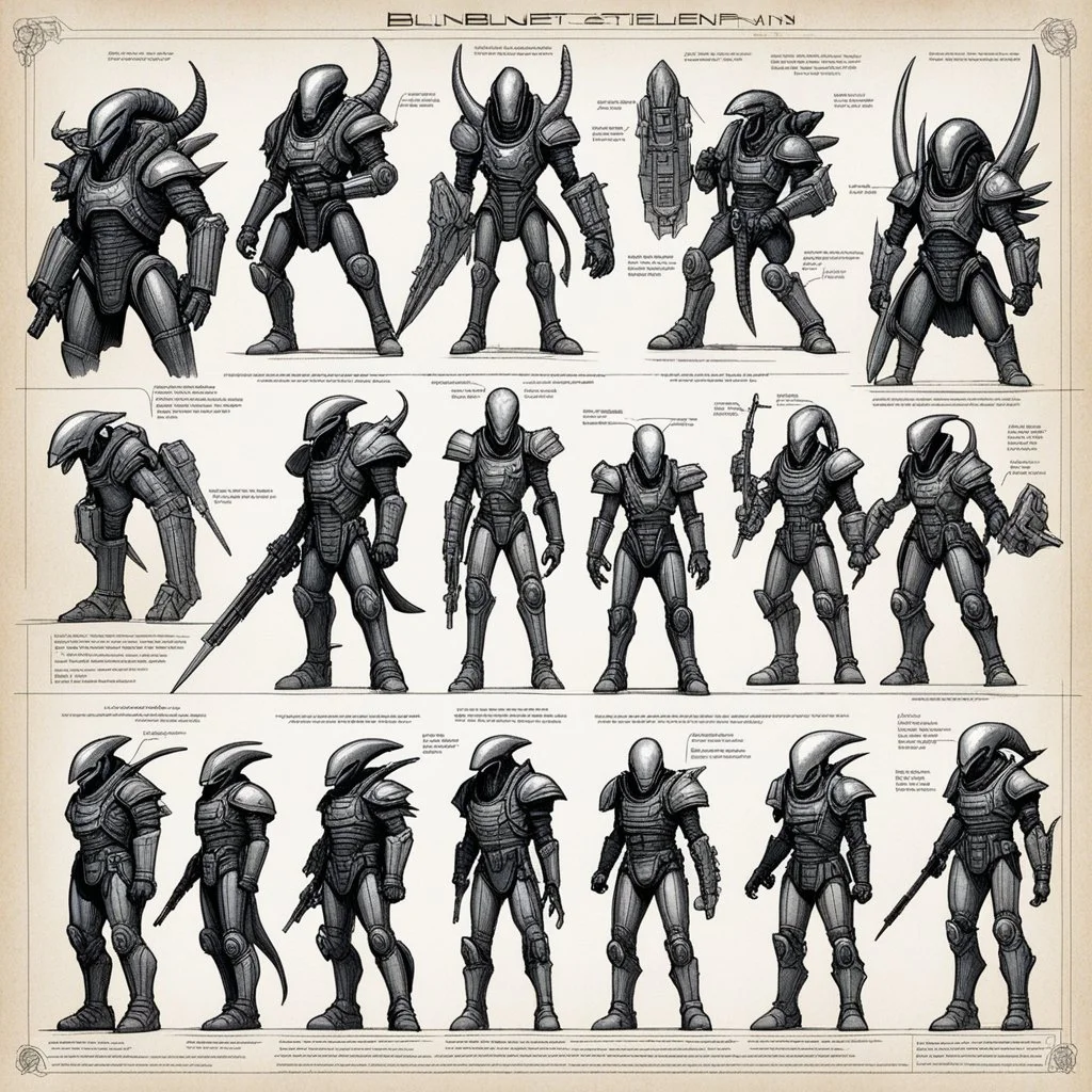 ConceptSheet blueprint [by by Kevin Eastman and Peter Laird]: a grid of sci-fi aligned group of xenomorph armours