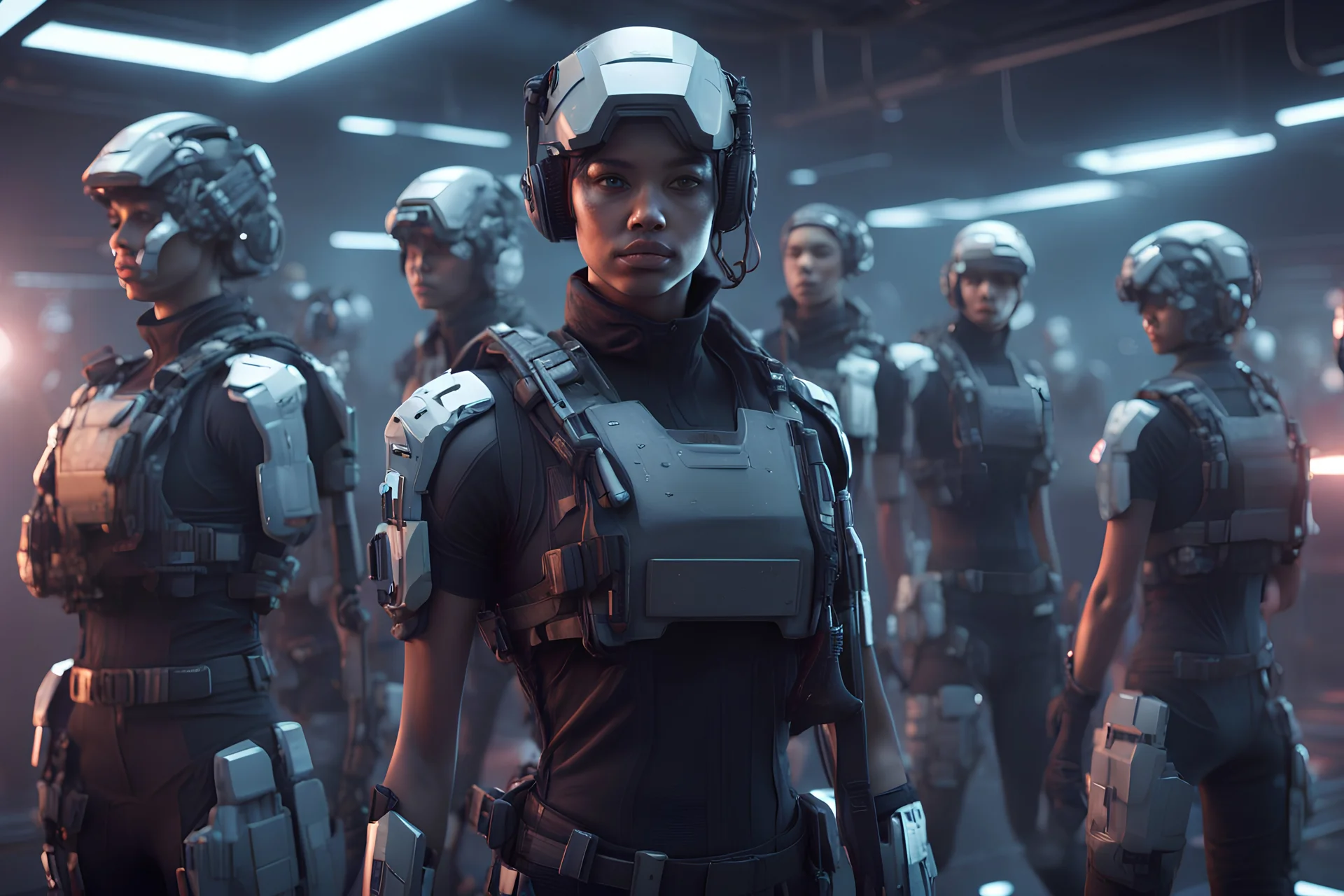 group of recruits in training,16k, 3d rendering, expressively detailed, futuristic, cyberpunk, dynamic light, expressive lighting,