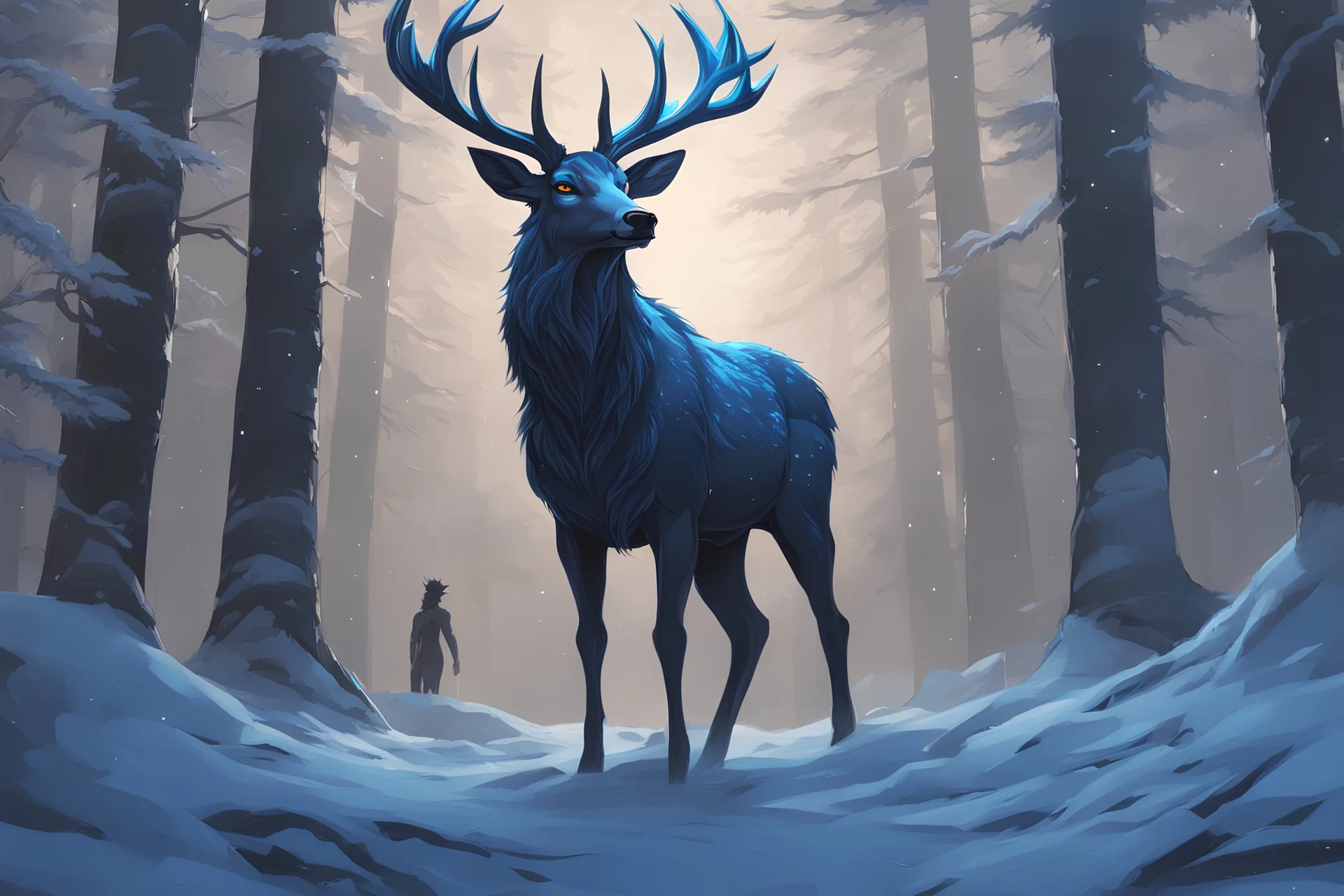 Beast Shadow symbiote in 8k realistic anime drawing style, Deer them, human model, blue neon crystal antlers deer, fantasy snow forest, intricate details, highly detailed, high details, detailed portrait, masterpiece,ultra detailed, ultra quality