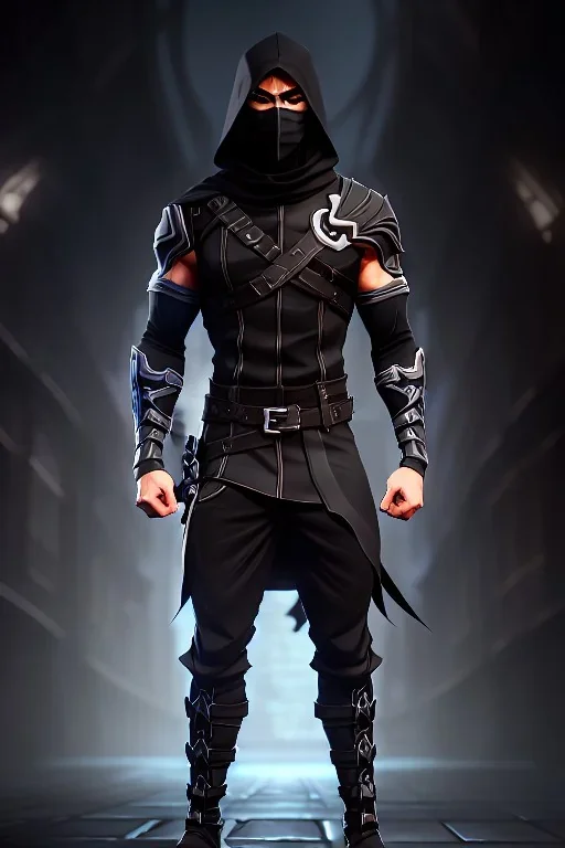 muscular ninja assassin, athletic build, wearing black and gray baggy pants with pockets, black hood and black balaclava mask, buckles, straps, pockets, daggers around arms, tan skin, big boots, dark hazel eyes, eyes are both in proportion, 3/4 look, standing, dark cobblestone alley, one halo candle light behind head, intense, non photorealistic rendering in the art style of j.scott campbell