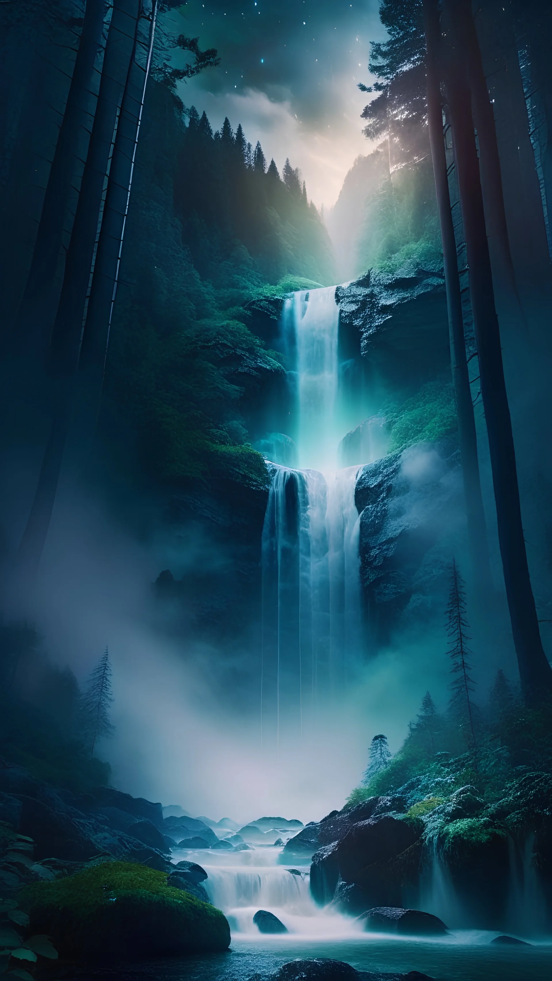 Waterfall dropping from menacing cyclops eye in the high forest at night, white fog rising