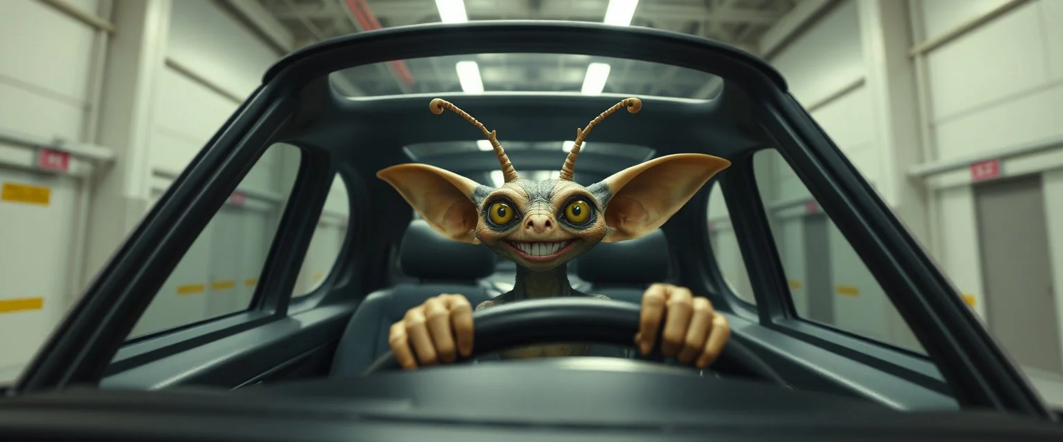 car driving happy 2d insect anime alien gremlin man in the style of Escher and Giger and Fallout 4, pinhole cam, airbrush 3d rendering, on tv screen:A five-second cinematic single take in a clean industrial presentation hall.