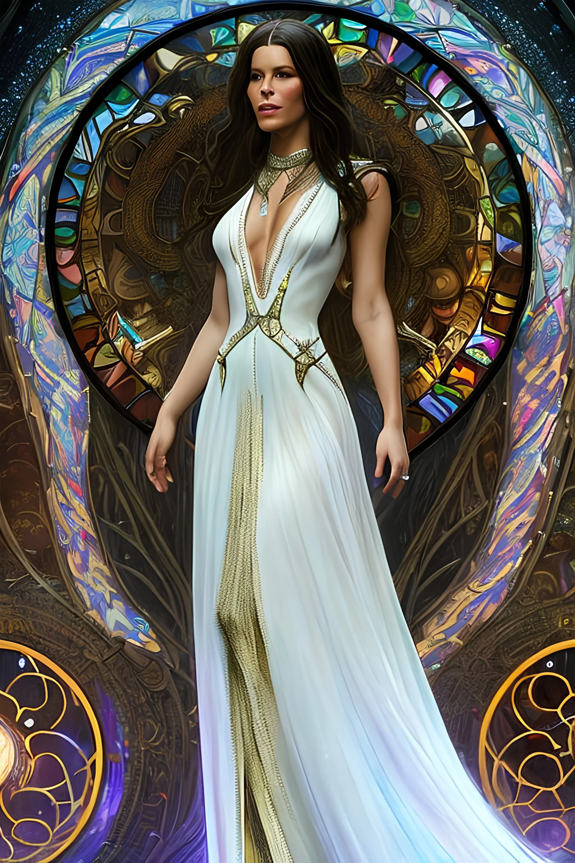 art by Alfons Mucha, stained glass motif, whole body image of beautiful Kate Beckinsale as Yennefer the Sorceress from The Witcher in a mystical enchanted forest opening a portal to another world, HD 4K, sharp detail, photo-realistic accurate face and features, cinematic lighting, award winning imagery