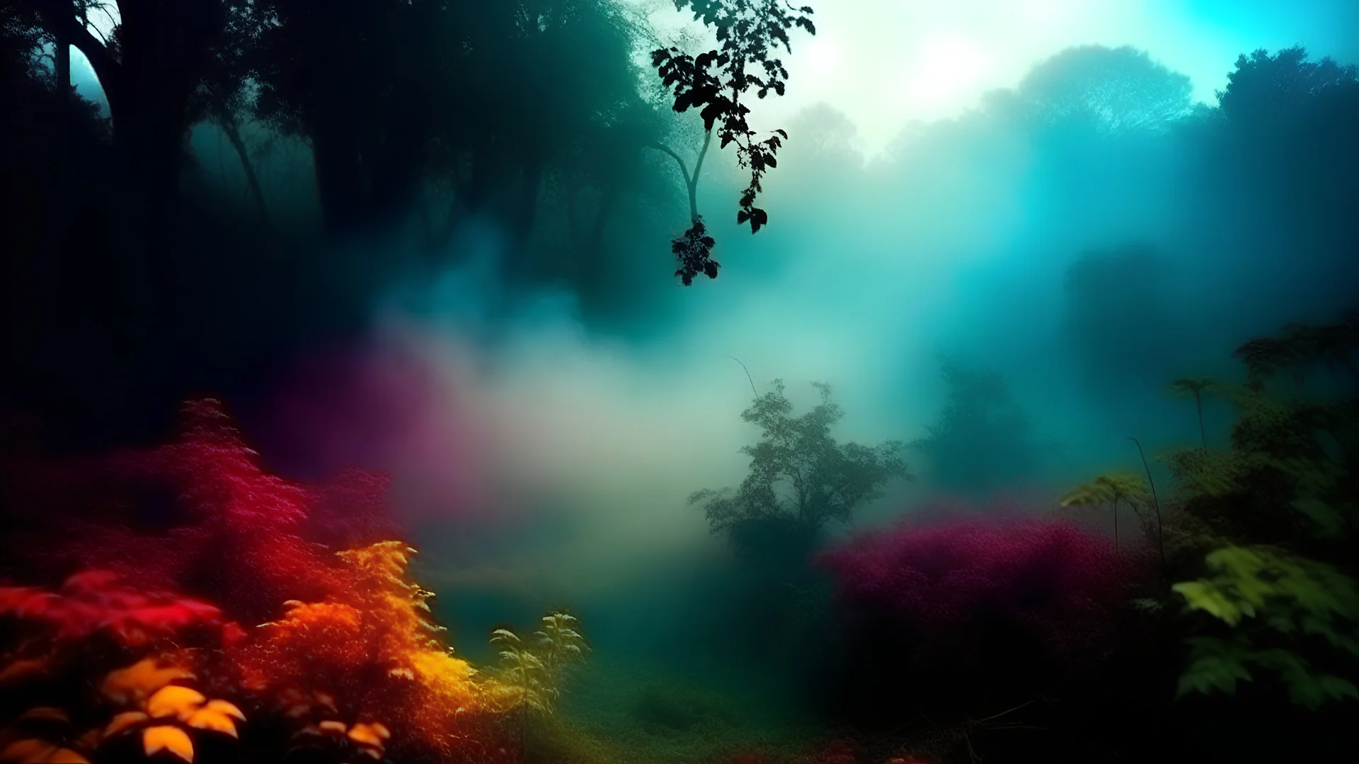 A wallpaper, magic, mystic background, enchanted garden, smoke, magic fog, warn colours