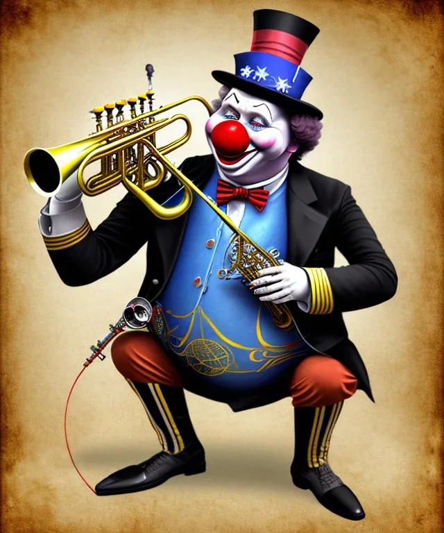 mechanoid happy friendly fat clown playing jazz with a steampunk theme, trumpet, realistic