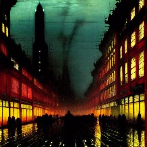 Corner building Metropolis ,dark colours by john atkinson Grimshaw,