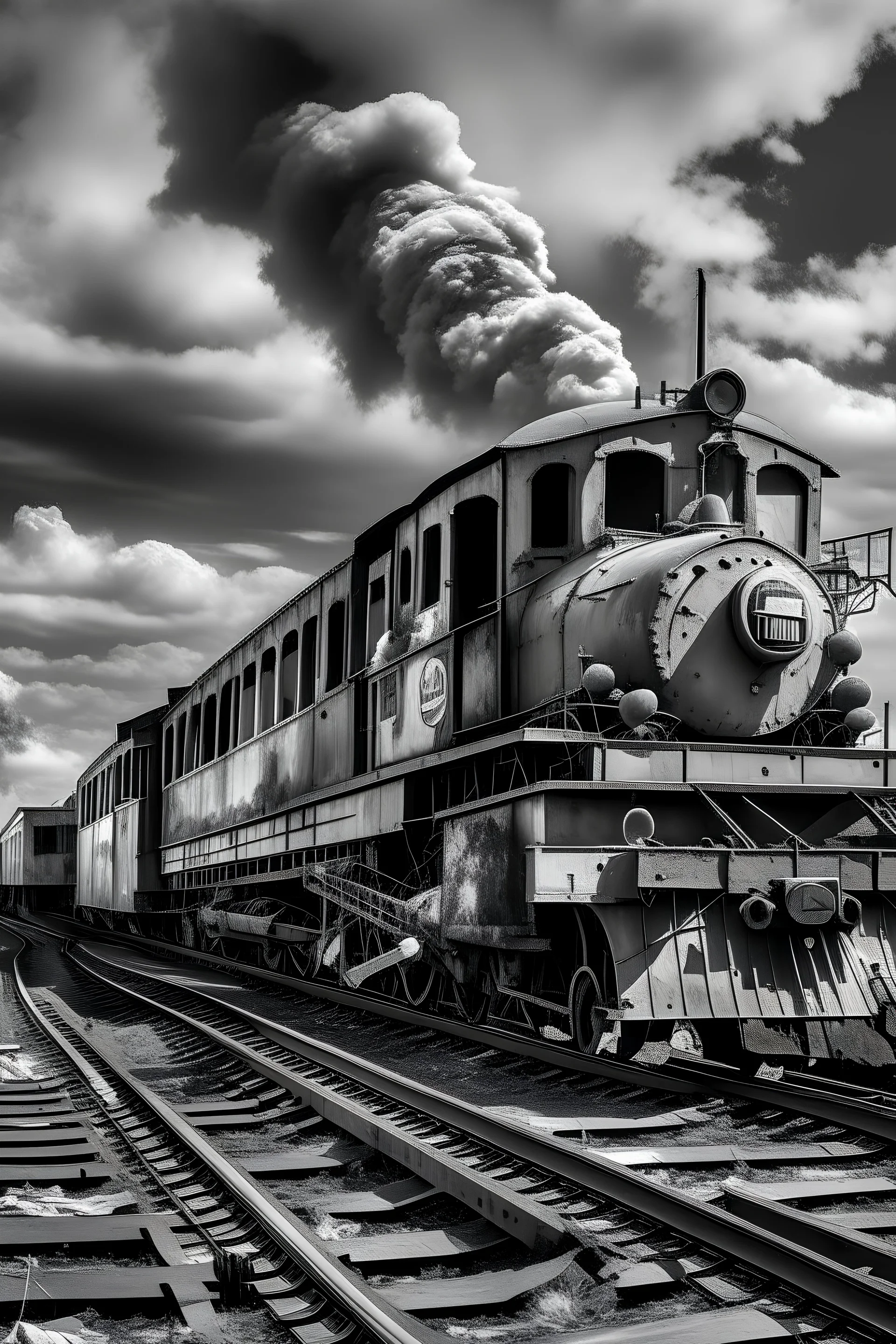 imagen de un tren en blanco y negro, bastante destruido pero funcionando con un avion que lo sobrevuela, en colores y destacando su belleza