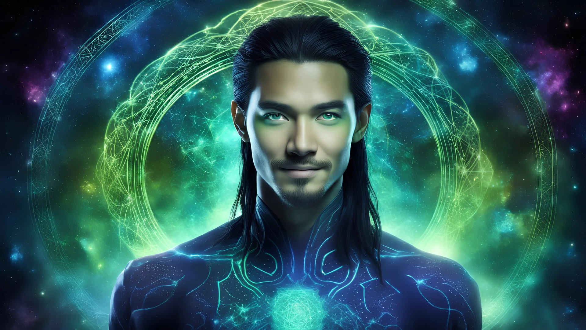 beautiful gorgeous young man na'vi with long hair, Avatar, blue skin, two small ears, green eyes, black hair, in cosmic suit, galactic ambiance, medium pointy goatee , smiling, nebulas and sacred geometry light figures on the backgroud,