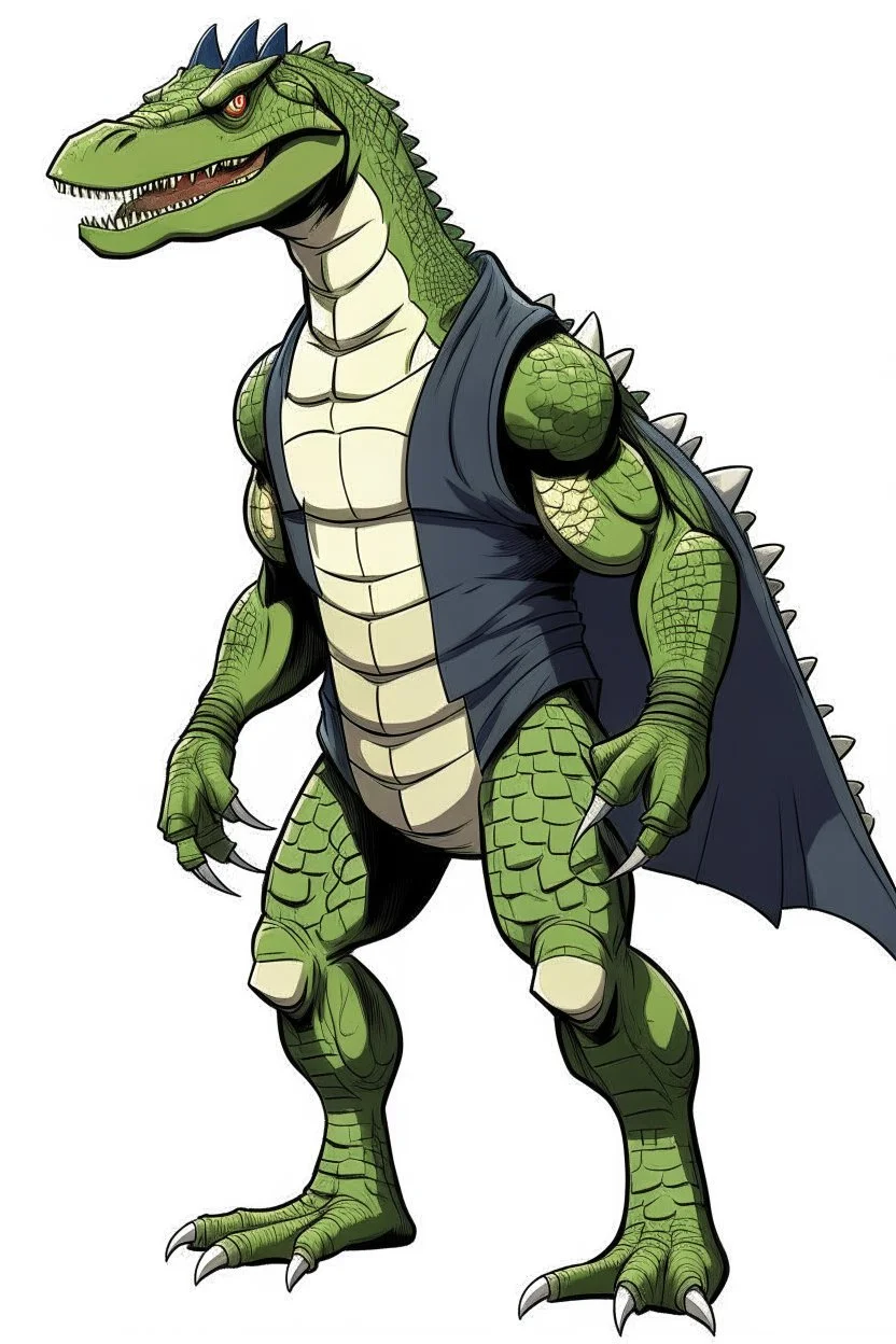 Anime man side character with dark , hybrid with dinosaur,small muscles, aged 30, wearing a dinosaur superhero suit