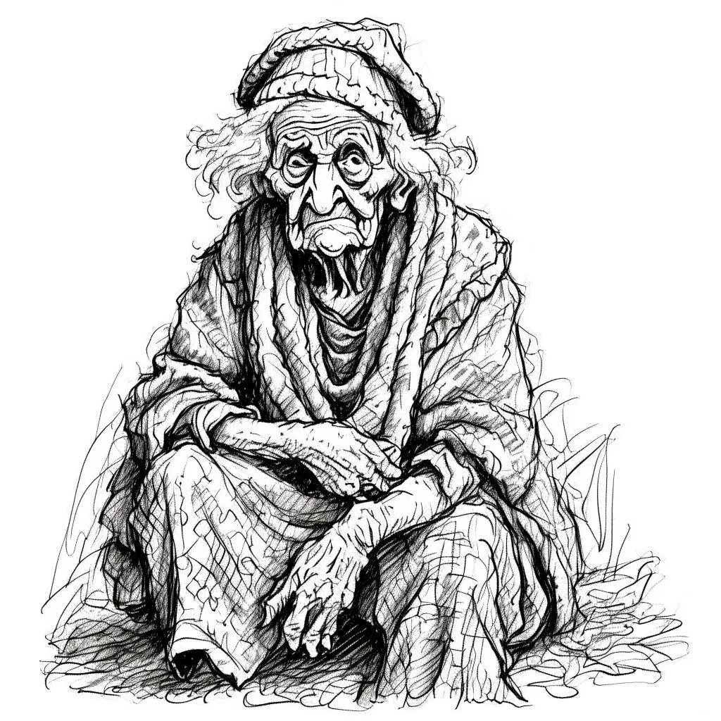 Drawing sketches A figure that embodies discretion in the form of an old woman