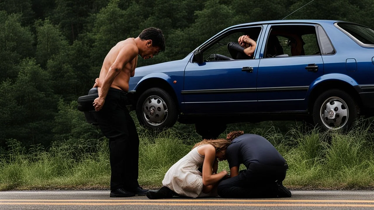 man and crying lady on side of the road inside broken down jetta