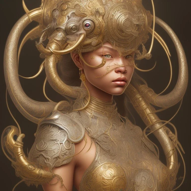 Sango fantasy, fantasy magic, intricate, sharp focus, illustration, highly detailed, digital painting, concept art, matte, art germ and Paul Lewin and Kehinde Wiley, masterpiece silver elephant head bronze Buddha Asian African girl nice breast Hawaiian hair turquoise golden waves