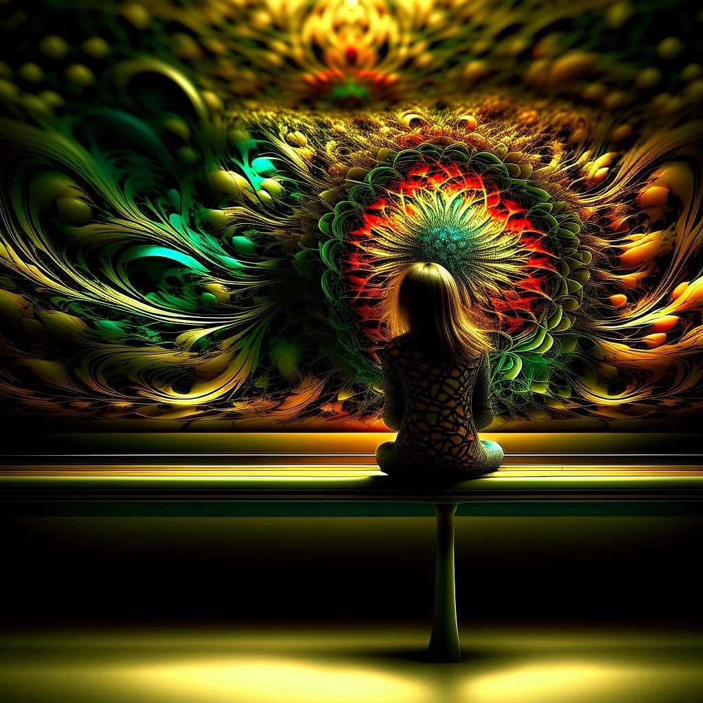 girl sitting on a bench. Fractal art.