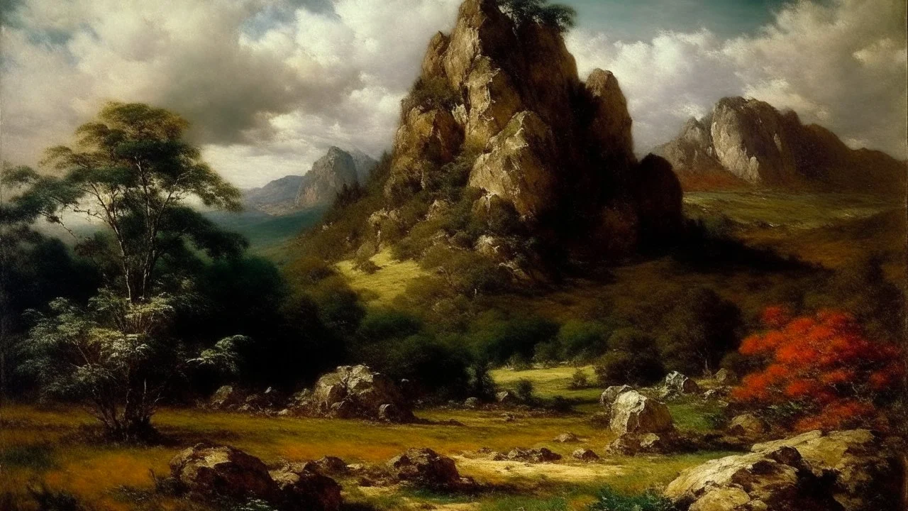 A rocky savanna near a mountain with crystals painted by Gustave Courbet