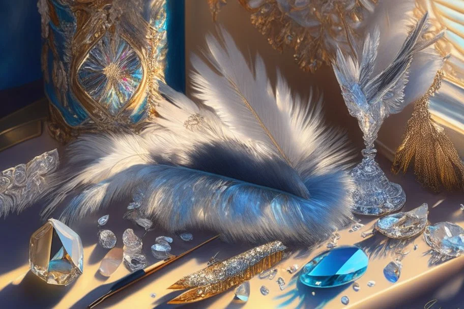 Still life with feathers and gems highly detailed digital painting elegant intricate very attractive beautiful award winning fantastic view crisp quality very cute acrylic art in sunshine