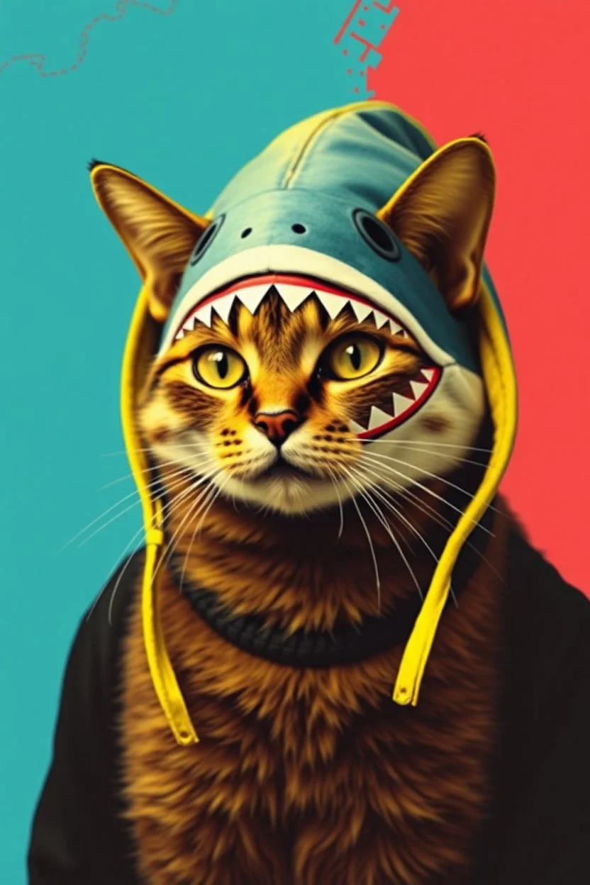 cat with shark mask hat solana punk japanese style in the style of warhol