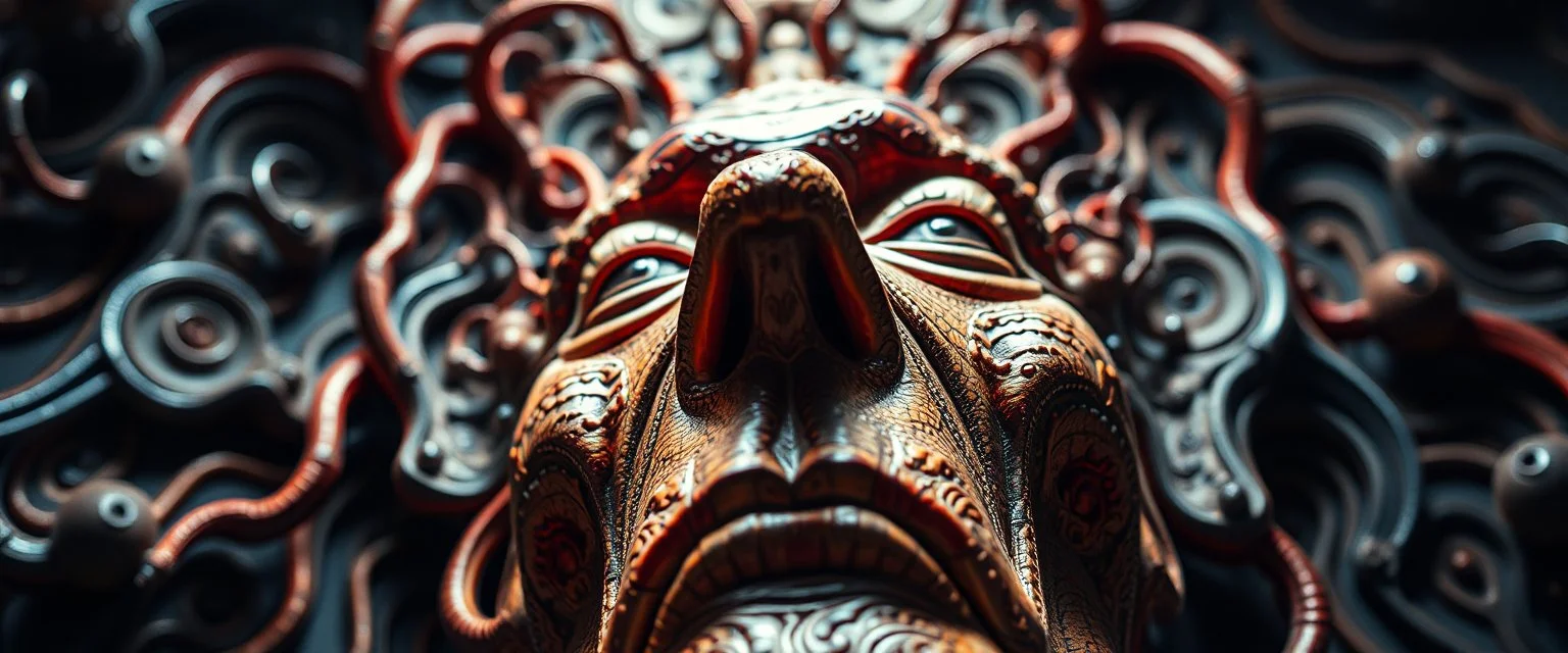 weird perspective close up portrait, with background in the style of escher and giger, a chill contrapunctus fugue in the style of fsol, beethoven, goa trance breaks, dancefloor drum and bass,