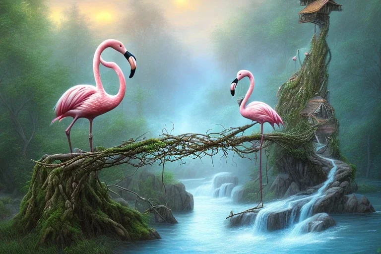 island waterfall old tree twigs rope bridge birds flamingos