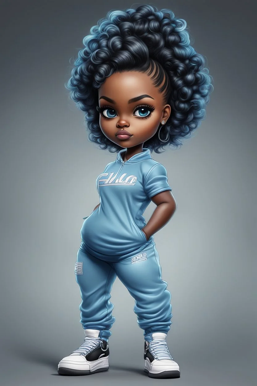 Create an airbrush image of a curvy chibi cartoon black female wearing a light blue jogger set and black sneakers. Prominent make up with hazel eyes. Extremely highly detailed of messing curly bun