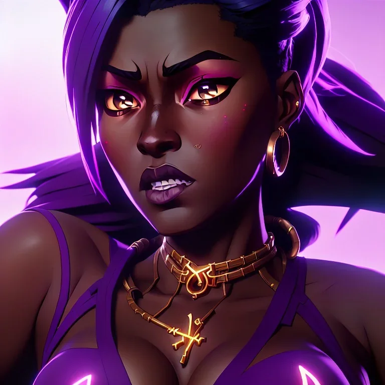 full body shot, masterpiece, best quality, voluptuous, thicc, black-skinned, sparkling eyes, fluorescent skin,purple-dark makeup, gangsta style, highly detailed body, sunlight, 4K, RAW, depth of field, high contrast, realistic details, 24mm