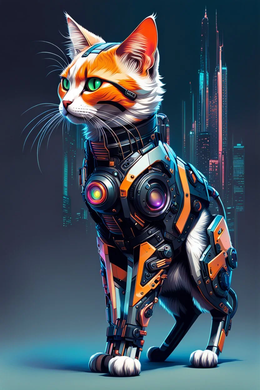 Ilustración lineal arte conceptual de un gato Calicó cyberpunk, full body, hiperdetallada, increíble obra de arte, colores complementarios, maximalista