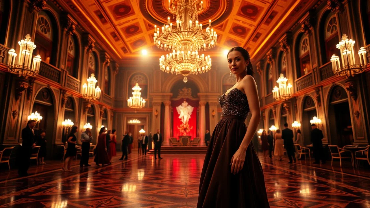 a modern luxury victorian big hall with this tema with a night party with people and pretty ladys ,Glamorous woman in elegant midi gown posing in close up with full body shot and cute and joy standing in midle of hall spotlight, cinematic lighting, photorealistic, fashion magazine styletion, Vogue editorial aesthetic.