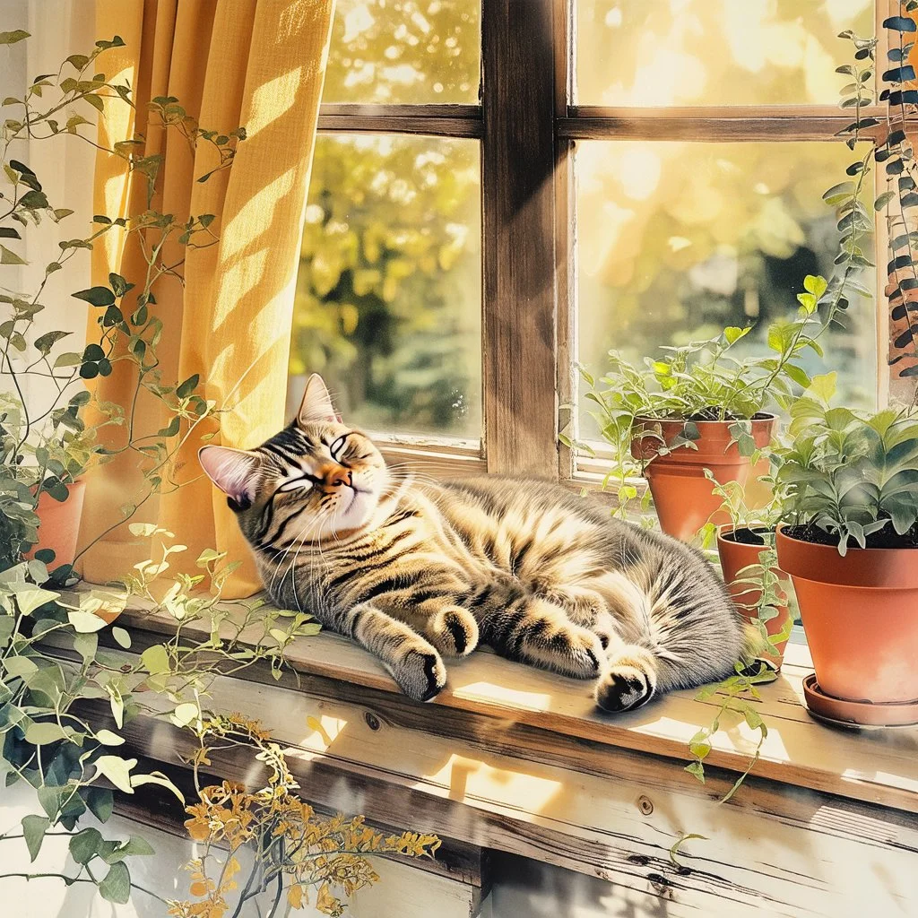 photorealistic, high-resolution image of a grey tabby cat sleeping on a sunny wooden windowsill next to various potted plants. The cat, with light brown and black stripes, lies on its back, paws up, basking in a ray of golden sunlight that illuminates its fur. The window in the background features an amber curtain on the left, and a wooden frame separates the panes. Outside the window, soft golden light suggests either sunrise or sunset, with blurred foliage visible. On the windowsill, several t