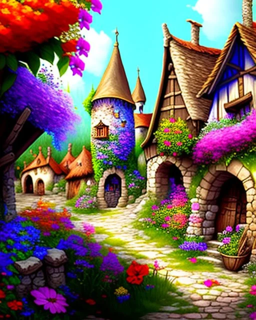 medieval fantasy village with flowers rpg art painterly