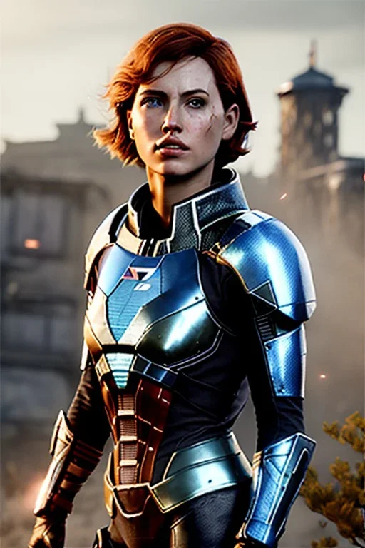 ultrarealistic, ruined city,__mass effect armor__, __angles__, 19 year old woman, strikingly beautiful, ginger hair, silver colour, [__starlets__|__starlets__], (pale __skincolor__ skin:1.2), __camera__, _hair_, detailed face and eyes, medium breasts, leather choker, freckles, dynamic pose, resolved expression, __accessory__, strappy outfit, (straps:1.1), sword in scabard on left hip, (buckles, buttons, snaps, rings:1.0), haltertop style breastplate, detailed eyes, plump lips, sci-fi theme