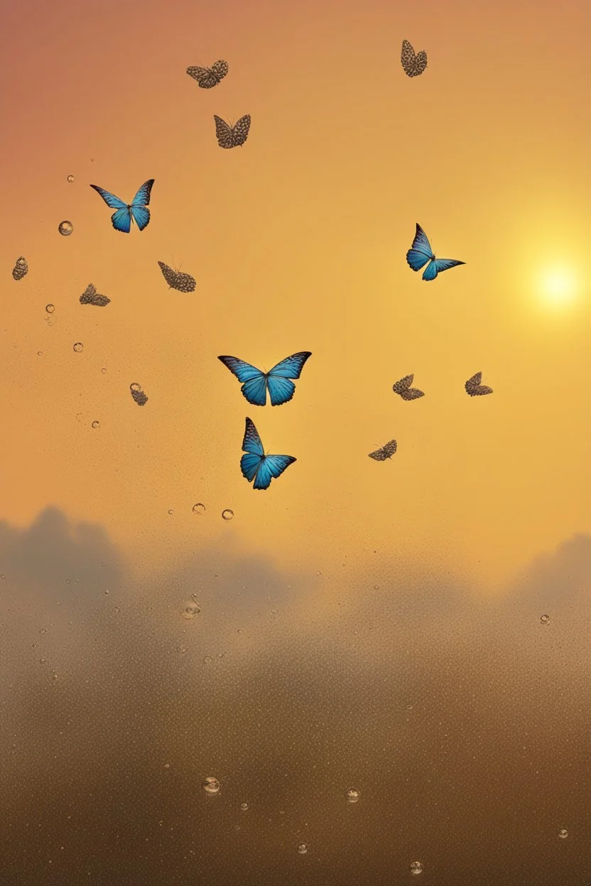 Bubbles and Butterflys flying to the sky at sunset