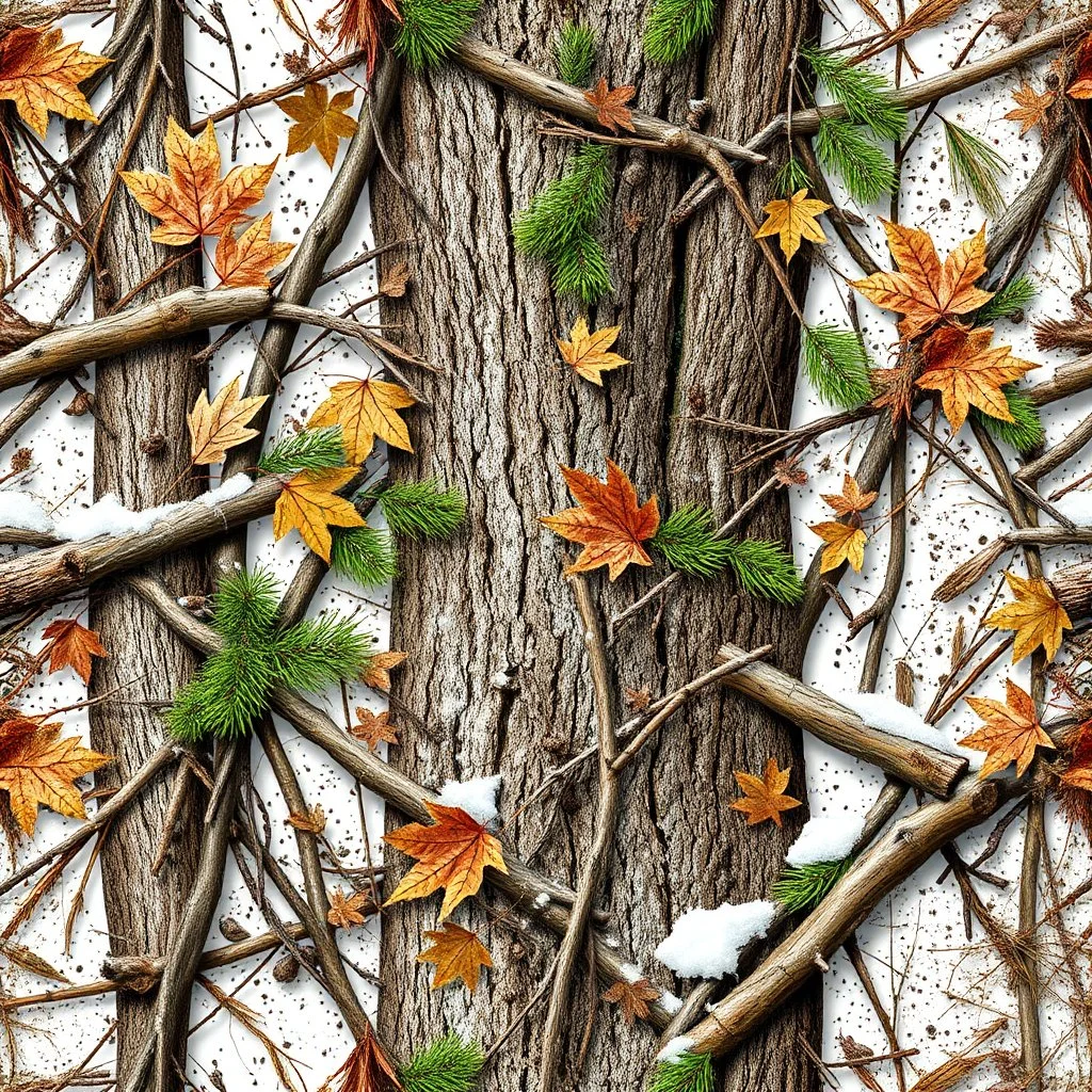 detailed Real Tree Camouflage made of sticks, twigs, tree bark, green pine branches, dried maple leaves, snow and dirt, white background, seamless repeatable texture camo pattern