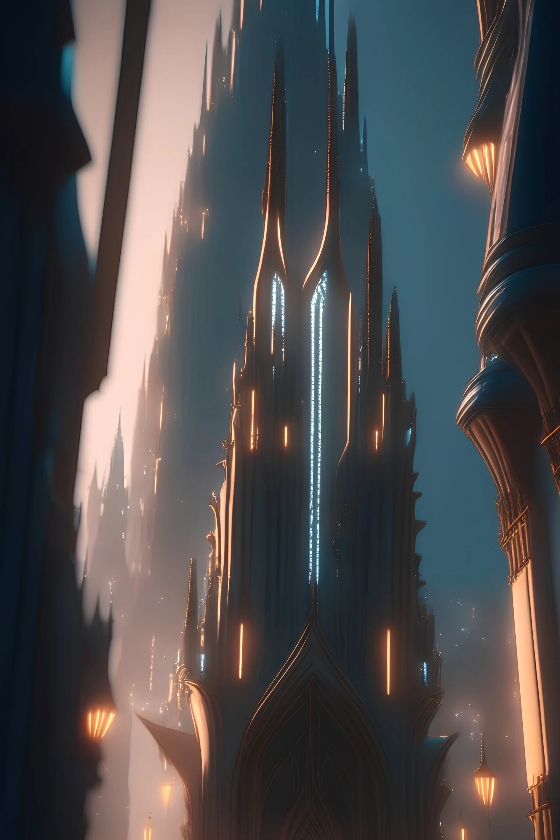 towering spires and winding streets are crafted from a strange and luminescent material that glows with soft, pulsing light, casting an ethereal glow, 8k Resolution, unearthly, dream-like, cinematic, smooth render, unreal engine 5, octane render, cinema 4d