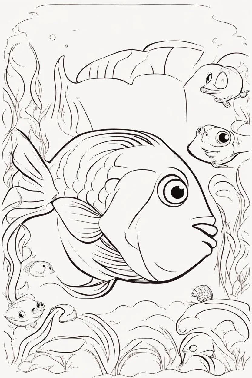blank colouring book, white blank background, simple picture for toddlers, fish, disney and pixar style