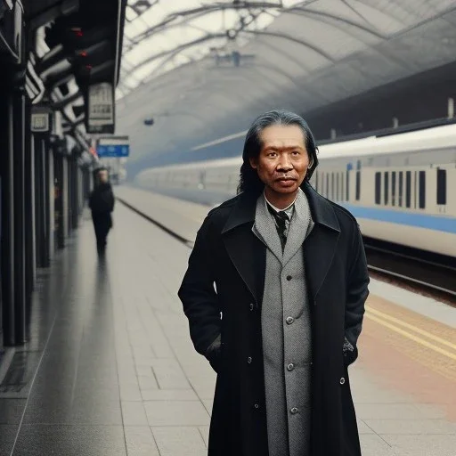 A middle aged Asian man with long hair and a black trench coat waiting for a woman at a train station in London