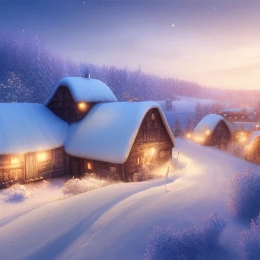 quaint fantasy medieval farming village in winter night with wooden buildings grasslands plains and no light