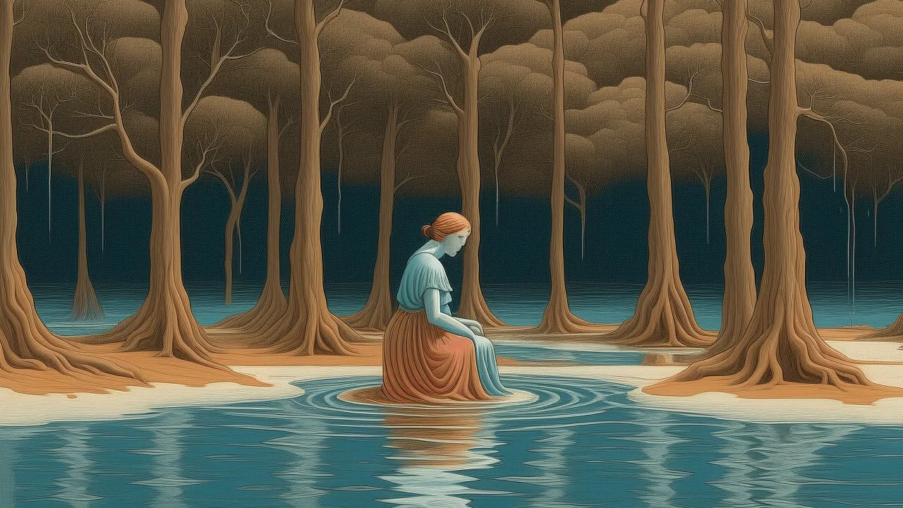 Pictorial scene with a solitary woman dressed in terracotta immersed up to her knees in blue water, with slender white trees emerging from the water.