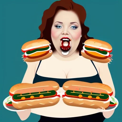 obese woman stuffing her face with hot dogs