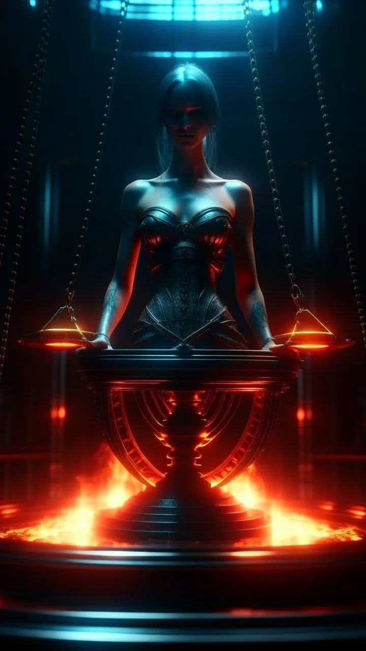 4K. REALISTIC FULL DETAILS. FULL LIGHTS. THEMIS SYMBOL OF JUSTICE BLEEDING WITH SCALES AND A SWORD GODNESS CYBERPUNK. BACKGROUND JAIL FIRESTARTER