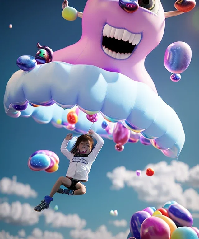 Ultra realistic speed clouds sky scene, wide angle view, sweet childs falling down, inflatable color clothing, free jumping flying, many trinkets, monster head, hair monster, many jelly beans, balls, smile, happy, circus style, extreme, wind, clouds sea, 20,000 feet altitude, stratosphere, soft color, highly detailed, unreal engine 5, ray tracing, RTX, lumen lighting, ultra detail, volumetric lighting, 3d, finely drawn, high definition, high resolution.