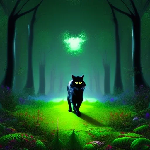 Sleek black cat walking in psychedelic forest