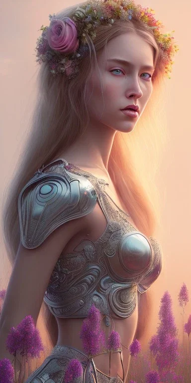 hyperrealistic full length portrait of gorgeous goddess | standing in field full of flowers | detailed gorgeous face!! | full body!! | skimpy armor | god rays | intricate | elegant | realistic | hyperrealistic | cinematic | character design | concept art | highly detailed | illustration | digital art | digital painting | depth of field